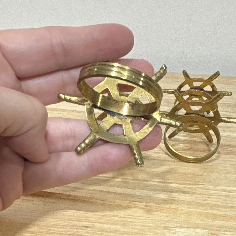 6 Brass Metal Ship Wheel Napkin Rings Nautical Decorative Table Decor Gold Tone